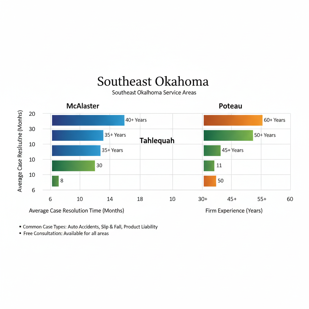Horizontal bar chart comparing personal injury metrics including case resolution times and firm experience across McAlester, Tahlequah, and Poteau in Southeast Oklahoma