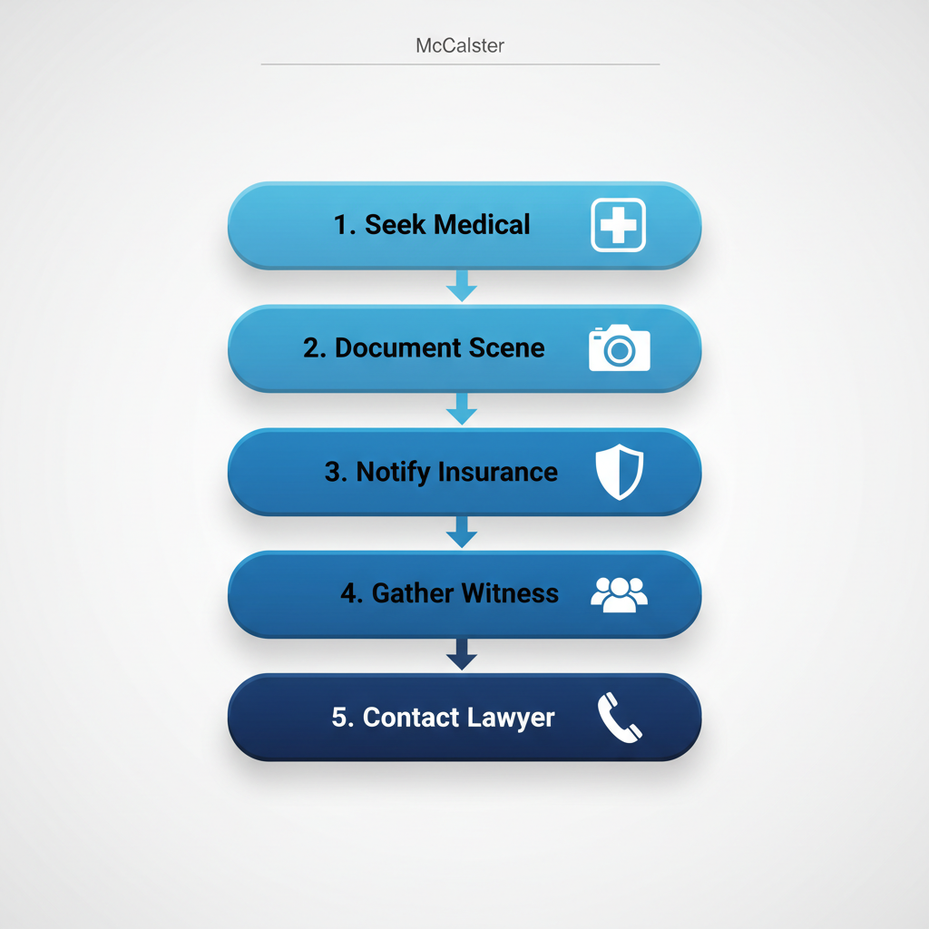 Vertical process flow diagram showing five steps to start a personal injury claim: seek medical care, document the scene, notify insurance, gather witness info, and contact a lawyer.