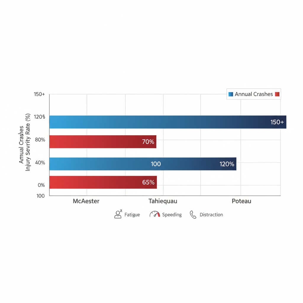 Horizontal bar chart comparing annual truck crashes and injury severity rates in McAlester, Tahlequah, and Poteau