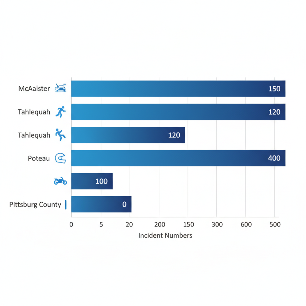 Horizontal bar chart comparing estimated annual spinal cord injury incidents in McAlester, Tahlequah, Poteau, and Pittsburg County, Southeast Oklahoma