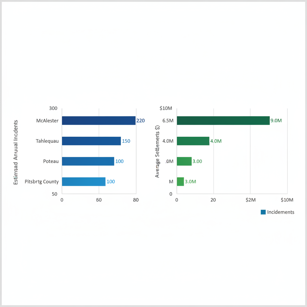 Horizontal bar chart comparing injury incidents and settlement ranges in Southeast Oklahoma areas: McAlester, Tahlequah, Poteau, Pittsburg County
