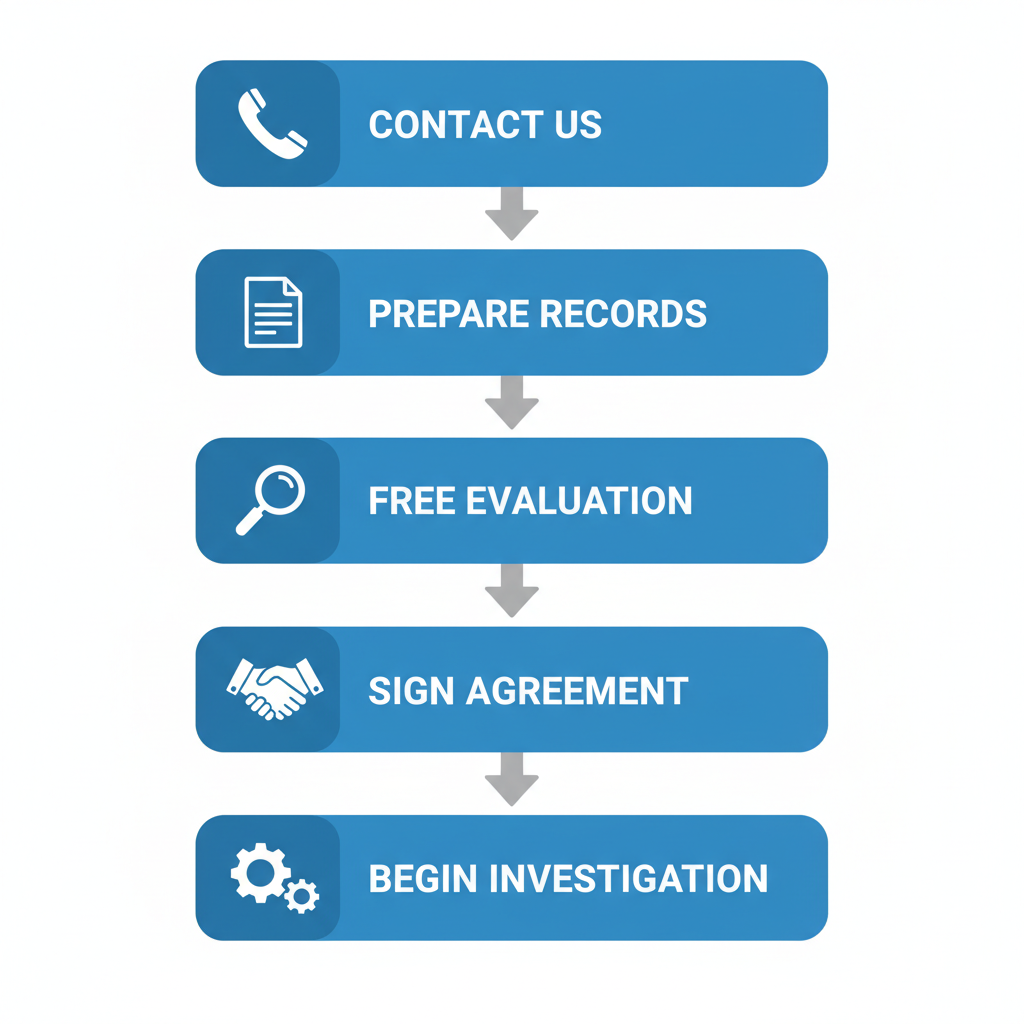 Vertical process flow diagram illustrating steps to hire a personal injury lawyer in Oklahoma.