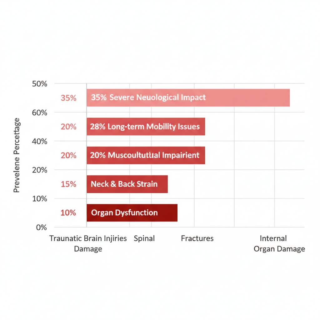 Horizontal bar chart depicting prevalence of common bus accident injuries in Oklahoma: traumatic brain injuries, spinal damage, fractures, whiplash, and internal organ damage.