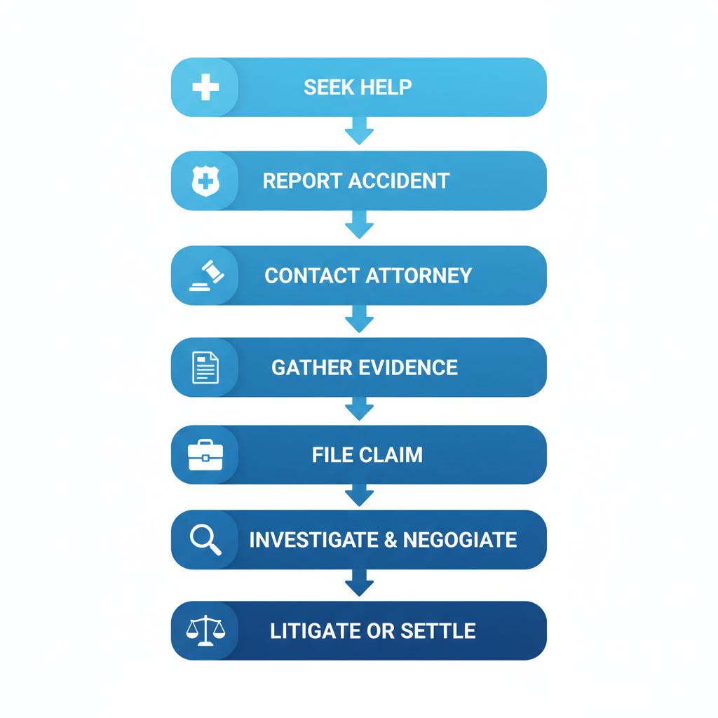 Vertical process flow illustrating the seven key steps in pursuing bus accident claims legally.