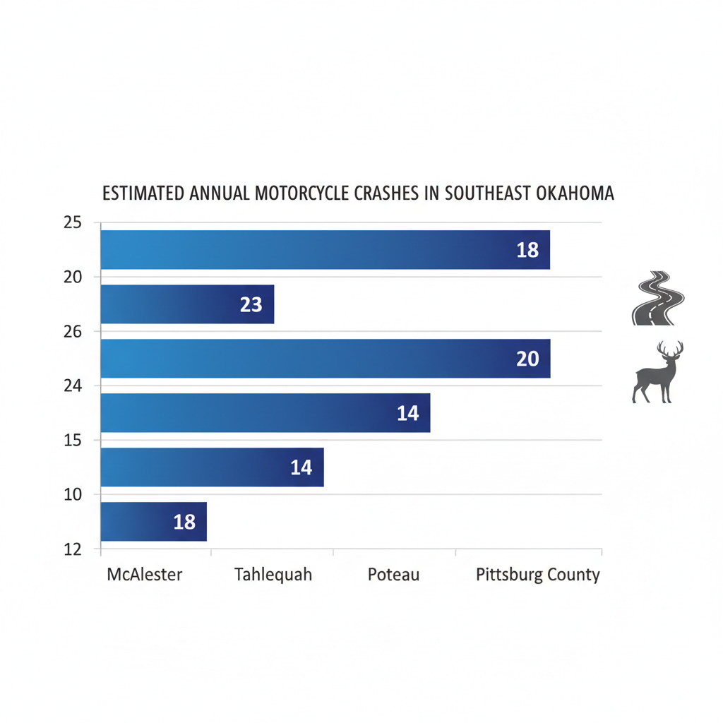 Horizontal bar chart comparing estimated annual motorcycle crashes in McAlester, Tahlequah, Poteau, and Pittsburg County in Southeast Oklahoma