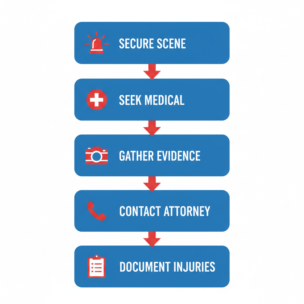 Vertical process flow diagram illustrating the five essential initial steps after a motorcycle accident in McAlester, Oklahoma, emphasizing safety, medical care, evidence collection, legal contact, and documentation.