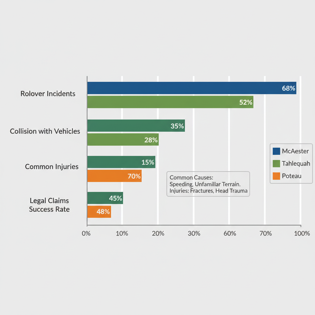 Horizontal bar chart comparing ATV accident risks in McAlester, Tahlequah, and Poteau across rollover incidents, collisions, injuries, and legal claims.
