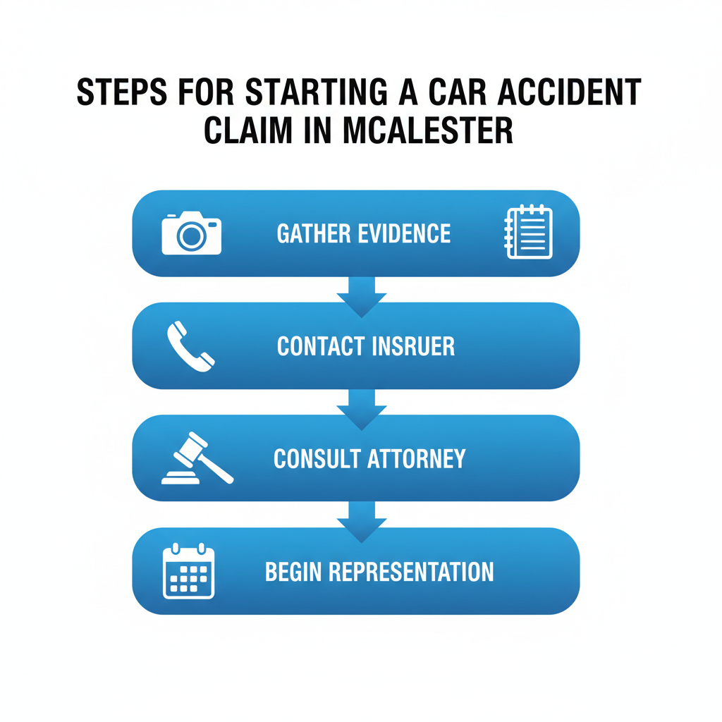 Vertical process flow diagram showing four steps to start a car accident claim in McAlester with icons for evidence gathering, insurer contact, attorney consultation, and representation timeline