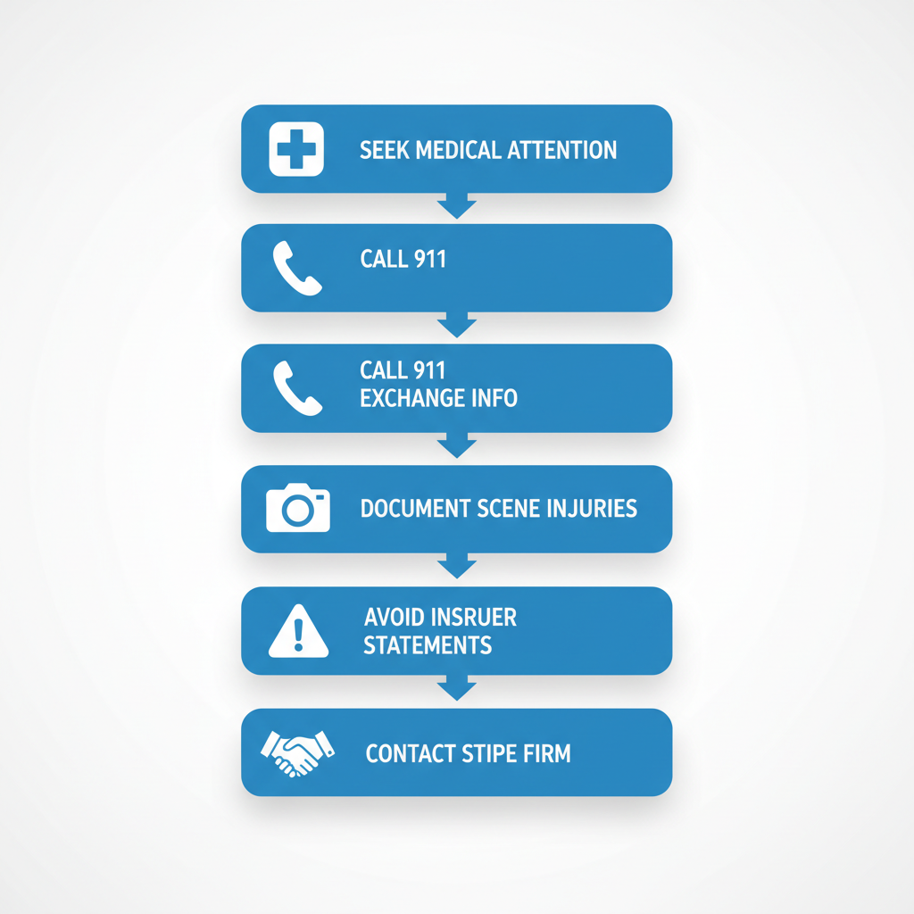Vertical process flow diagram illustrating the five initial steps to take after an ATV accident in McAlester