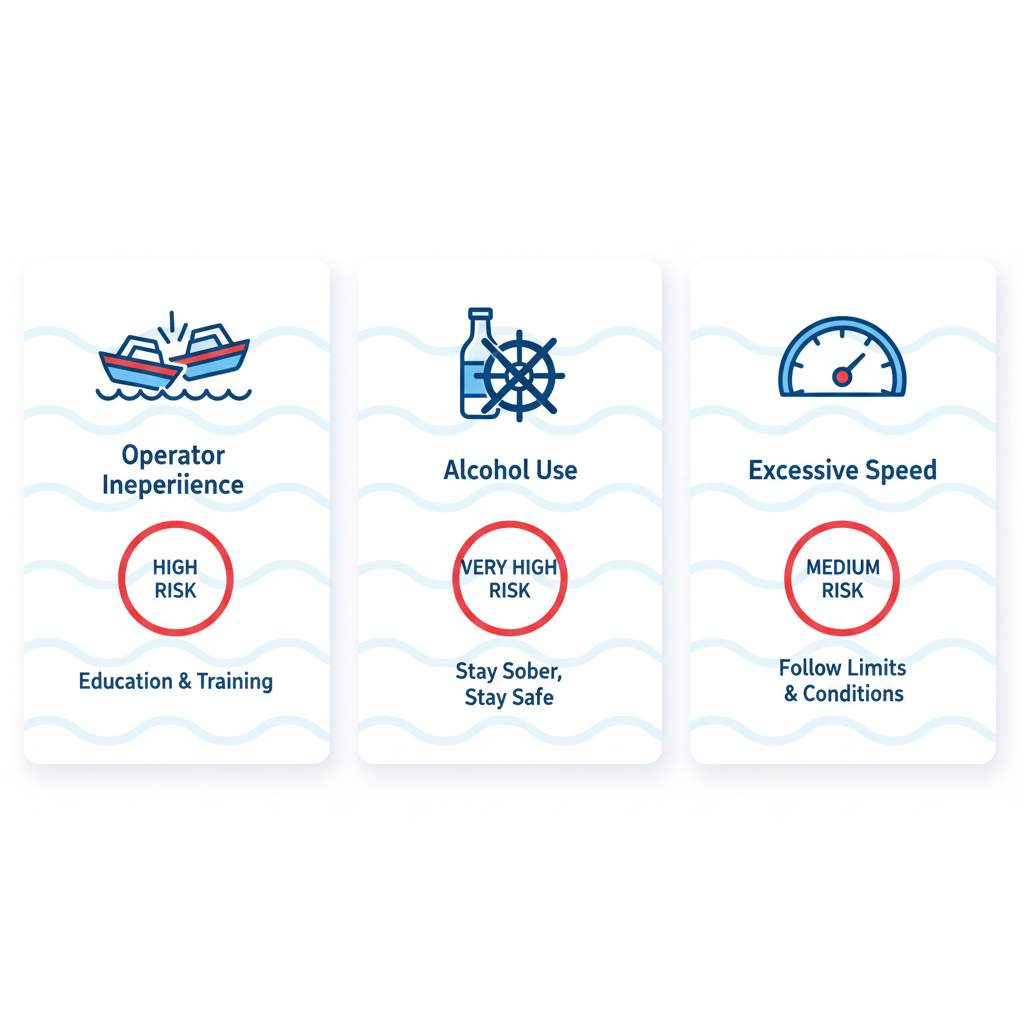 Infographic illustrating main causes of boating accidents in Oklahoma including operator inexperience alcohol use and excessive speed with risk levels and prevention tips