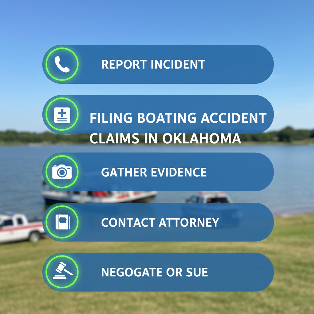 Vertical process flow diagram illustrating the five key steps to file a boating accident claim in Oklahoma: report incident, seek medical care, gather evidence, contact attorney, and negotiate or file suit.