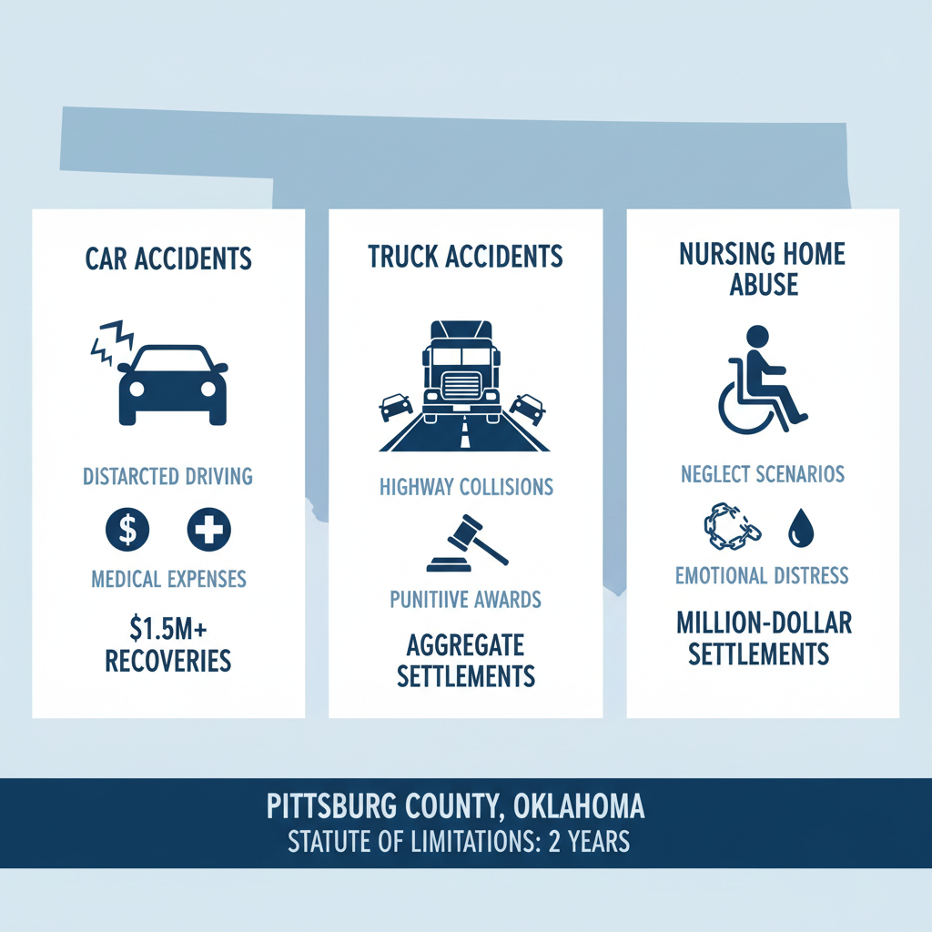 Infographic comparing car accidents, truck accidents, and nursing home abuse claims in Pittsburg County with causes and recovery examples