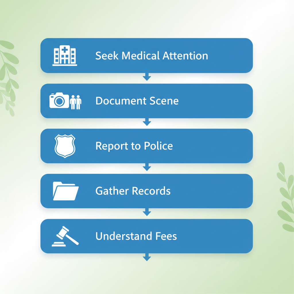Vertical process flow diagram outlining six key steps to take after an accident in Southeast Oklahoma