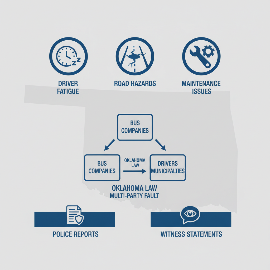 Infographic illustrating causes, multi-party liability, and evidence for bus accidents in Pittsburg County, Oklahoma