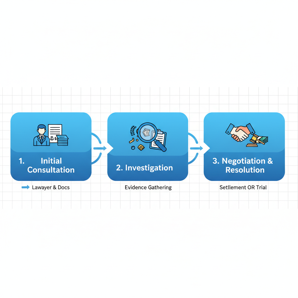 Horizontal process flow diagram of bus accident claims process in Oklahoma with three stages: consultation, investigation, and resolution