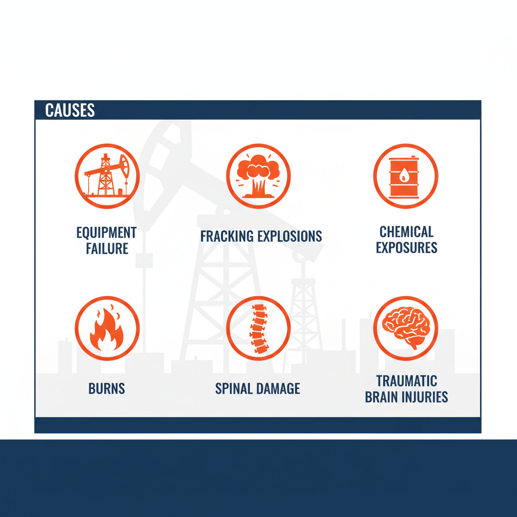Infographic illustrating common causes like equipment failure, fracking explosions, and chemical exposures, plus injuries such as burns, spinal damage, and traumatic brain injuries in McAlester oilfield accidents