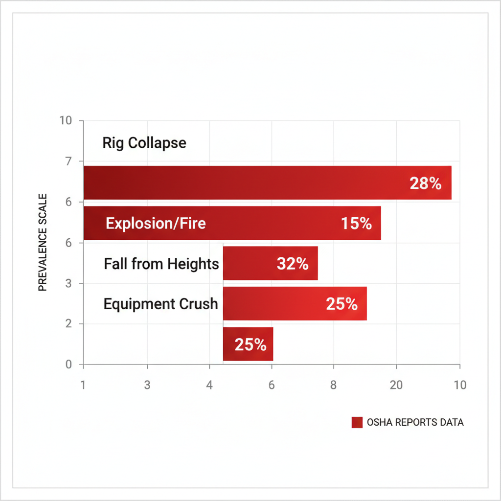 Horizontal bar chart comparing prevalence of common oilfield accident types in Southeast Oklahoma
