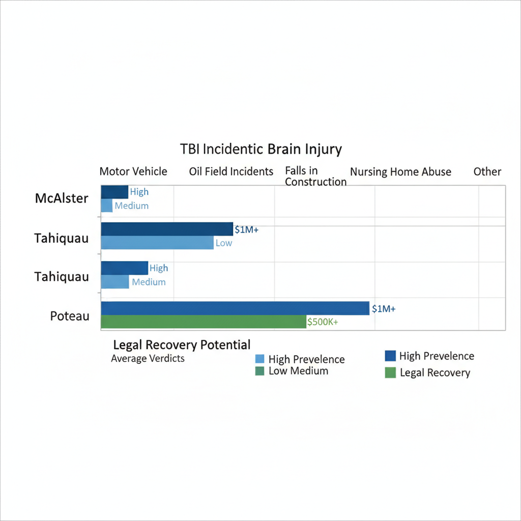 Horizontal bar chart comparing types of traumatic brain injury incidents and legal recovery potentials in McAlester, Tahlequah, and Poteau, Southeast Oklahoma