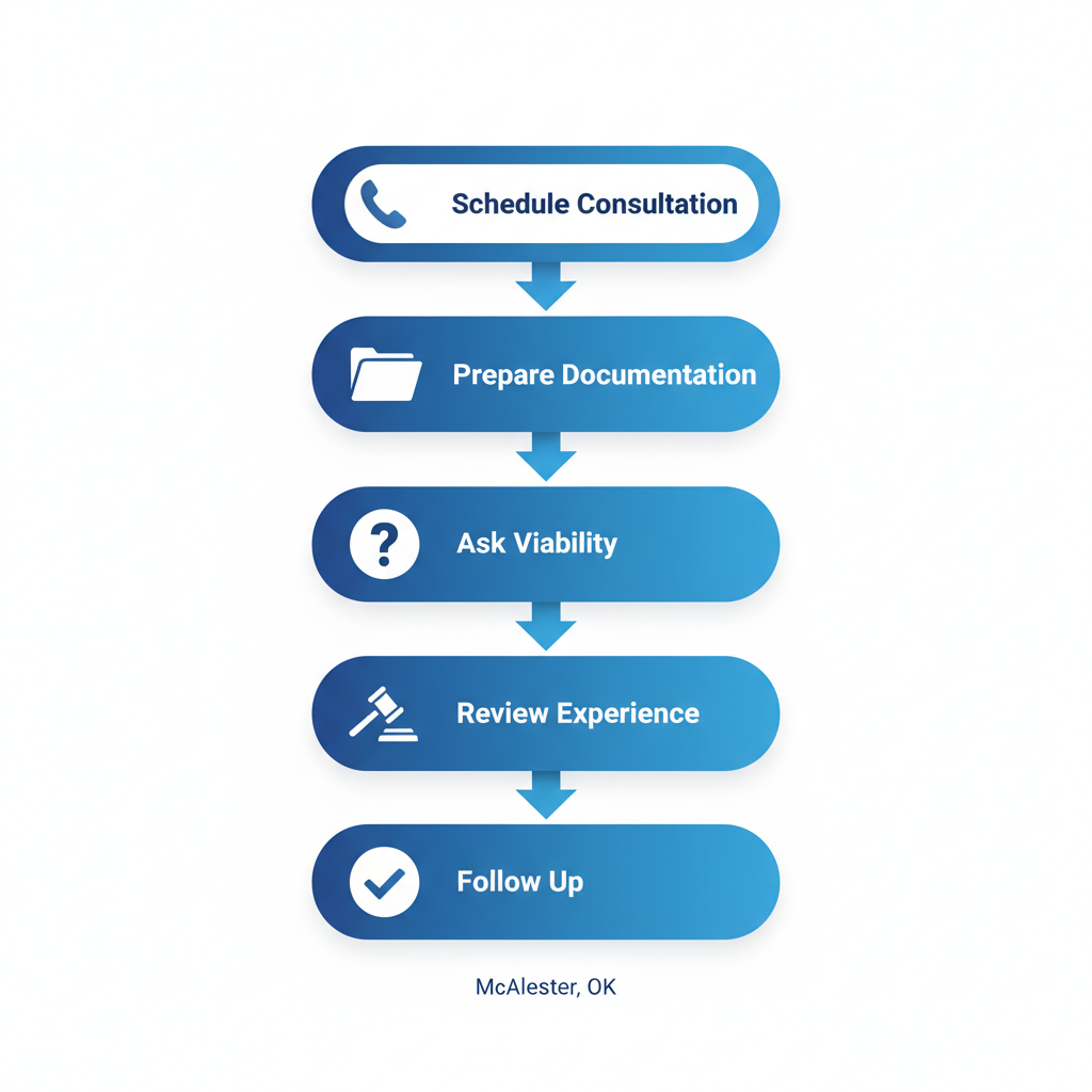 Vertical process flow diagram outlining five key steps to hire a TBI lawyer in McAlester, OK, with icons and blue gradient boxes.