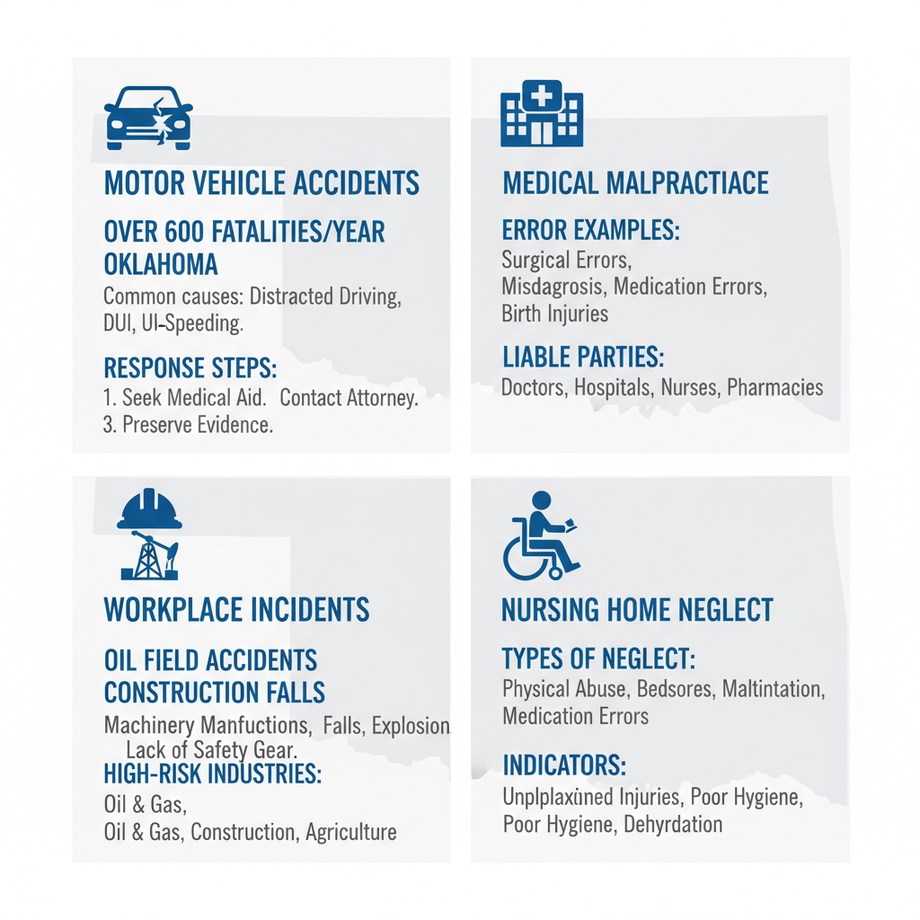 Infographic illustrating four common causes of wrongful death in Oklahoma with icons for motor vehicle accidents, medical malpractice, workplace incidents, and nursing home neglect.
