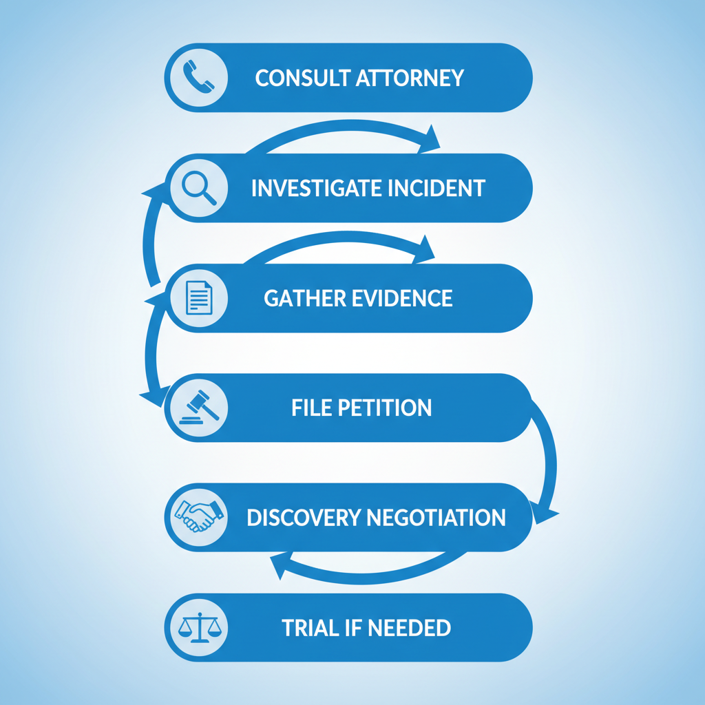 Vertical flowchart showing six steps in filing a wrongful death claim in Oklahoma
