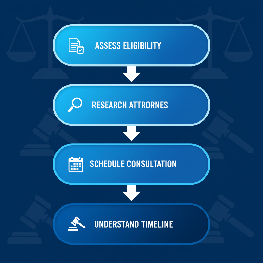 Vertical process flow diagram outlining four steps to start a wrongful death claim in McAlester with icons for documents, search, calendar, and gavel.