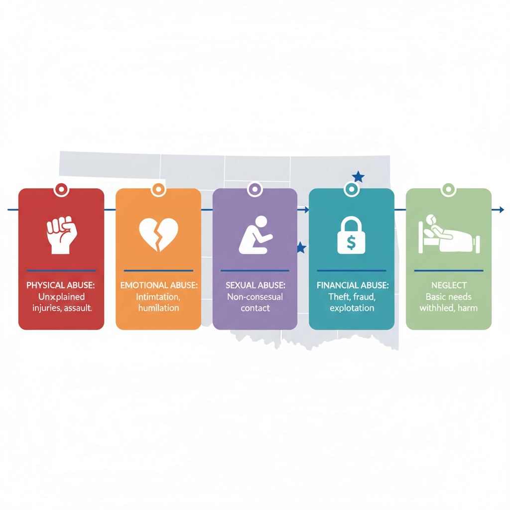 Infographic depicting five types of nursing home abuse with icons and brief descriptions on white background with blue accents
