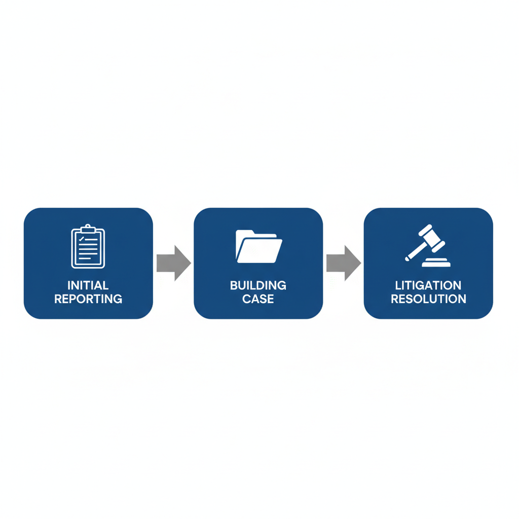 Horizontal process flow diagram showing three steps of a nursing home abuse lawsuit: initial reporting, building the case, and litigation resolution