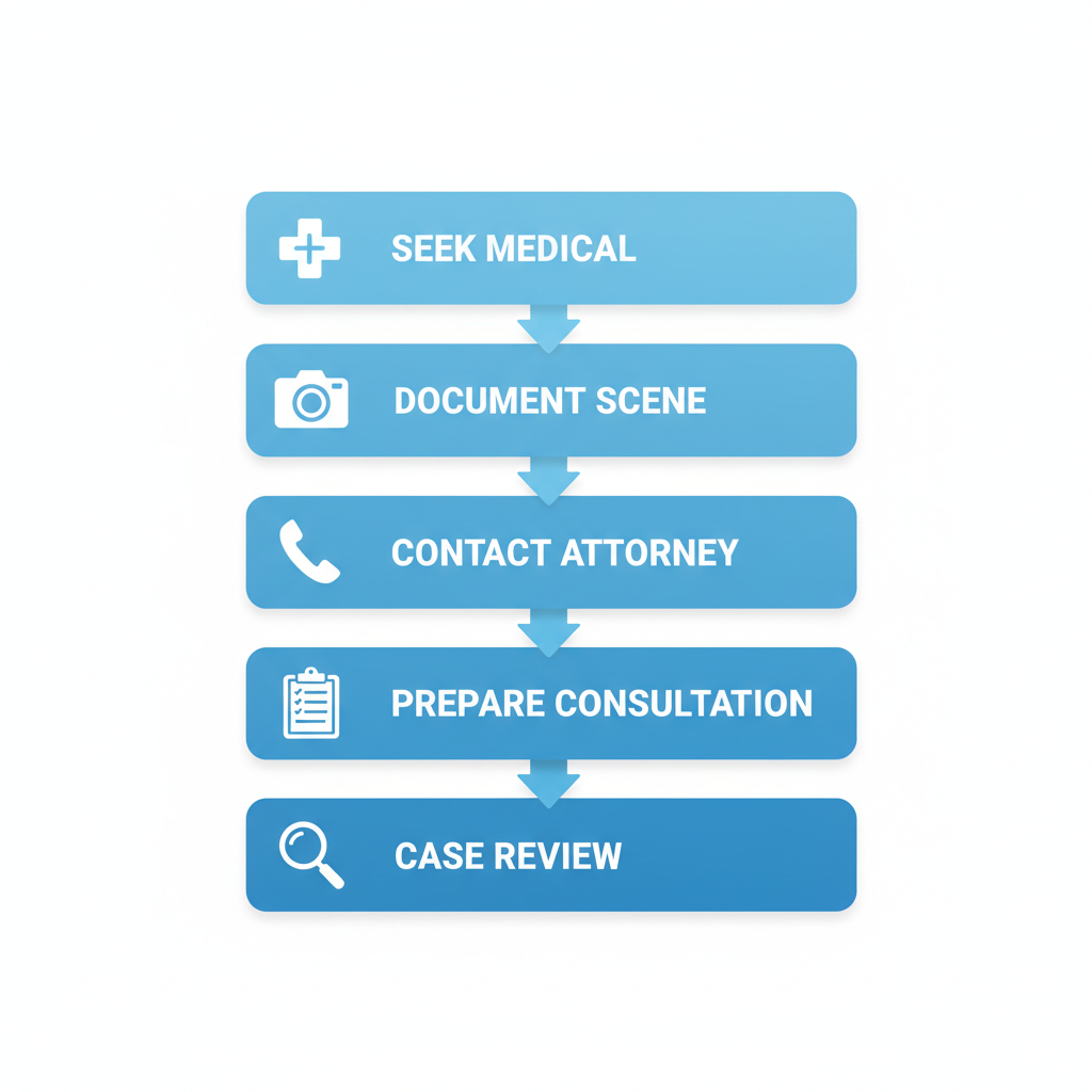 Vertical process flow illustrating five key steps to secure legal help after a personal injury: seek medical care, document the scene, contact attorney, prepare consultation, and case review with icons.