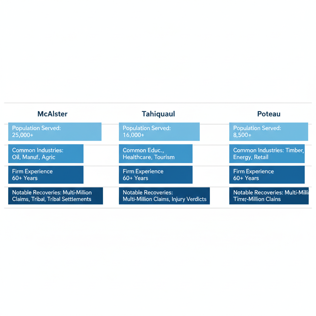 Horizontal bar chart comparing workers' compensation metrics including population, industries, experience, and recoveries in McAlester, Tahlequah, and Poteau, Southeast Oklahoma