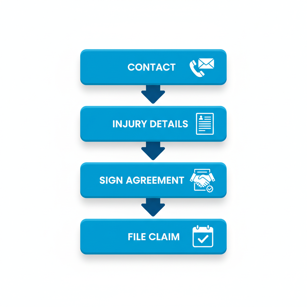Vertical process flow diagram illustrating steps to secure workers' compensation representation: contact for free evaluation, provide injury details, sign contingency agreement, and file claim within deadlines.