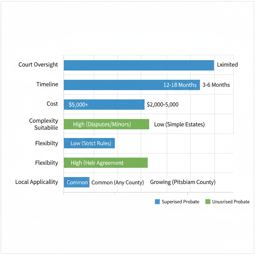 Horizontal bar chart comparing supervised and unsupervised probate aspects in Pittsburg County, Oklahoma
