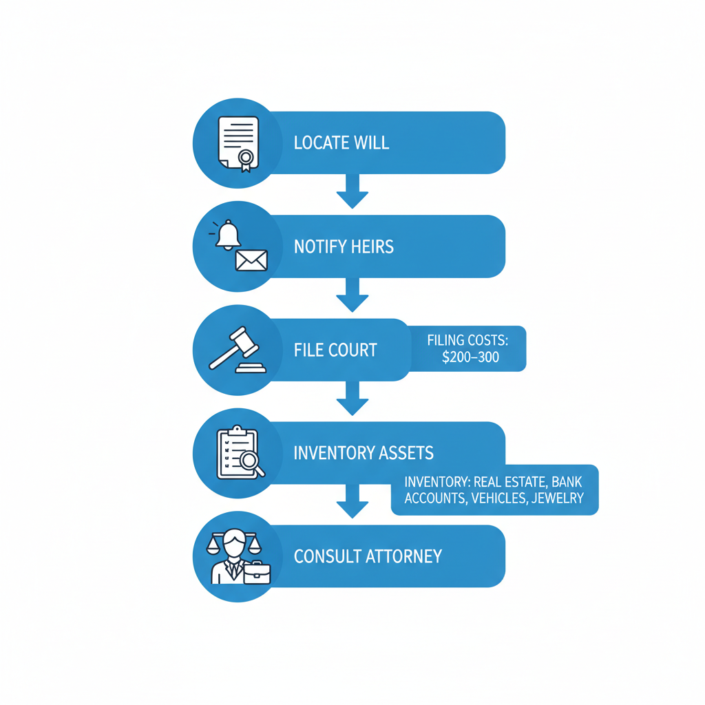 Vertical flowchart illustrating five key steps to start probate in McAlester, Oklahoma with icons and brief labels