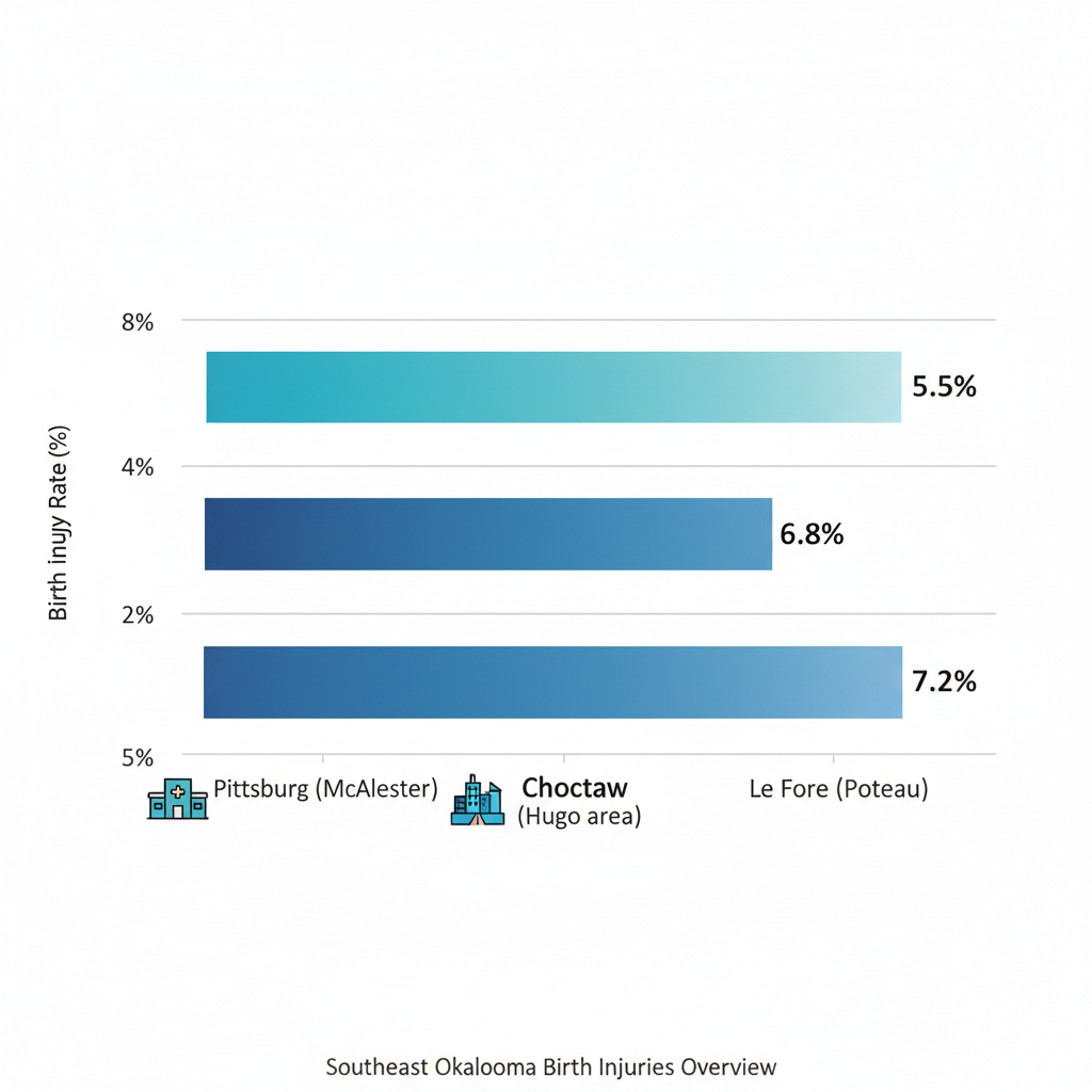 Horizontal bar chart comparing birth injury prevalence in Pittsburg, Choctaw, and Le Flore counties of Southeast Oklahoma