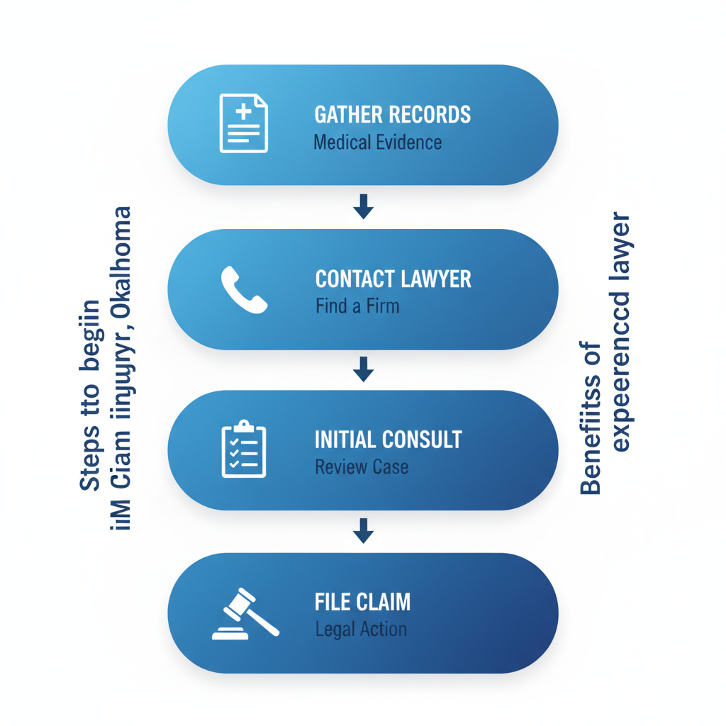 Vertical process flow diagram illustrating four key steps to start a birth injury claim in McAlester: gather records, contact lawyer, consultation, and file claim.