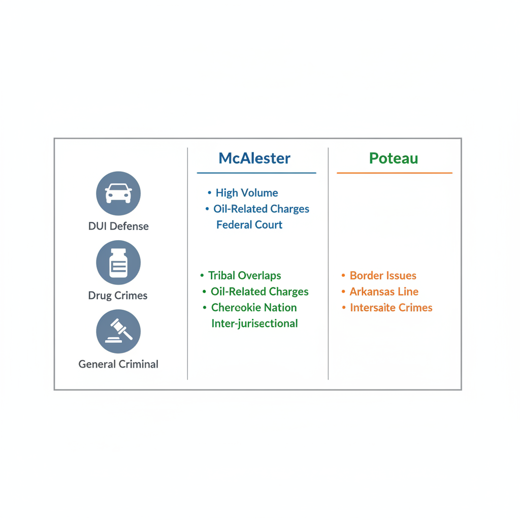 Infographic comparing criminal defense practice areas in McAlester, Tahlequah, and Poteau with icons and color-coded details