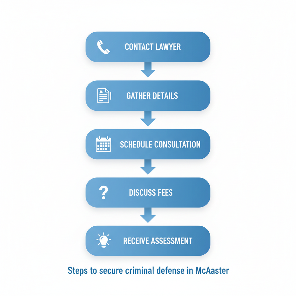 Vertical process flow diagram showing five steps for getting started with criminal defense in McAlester