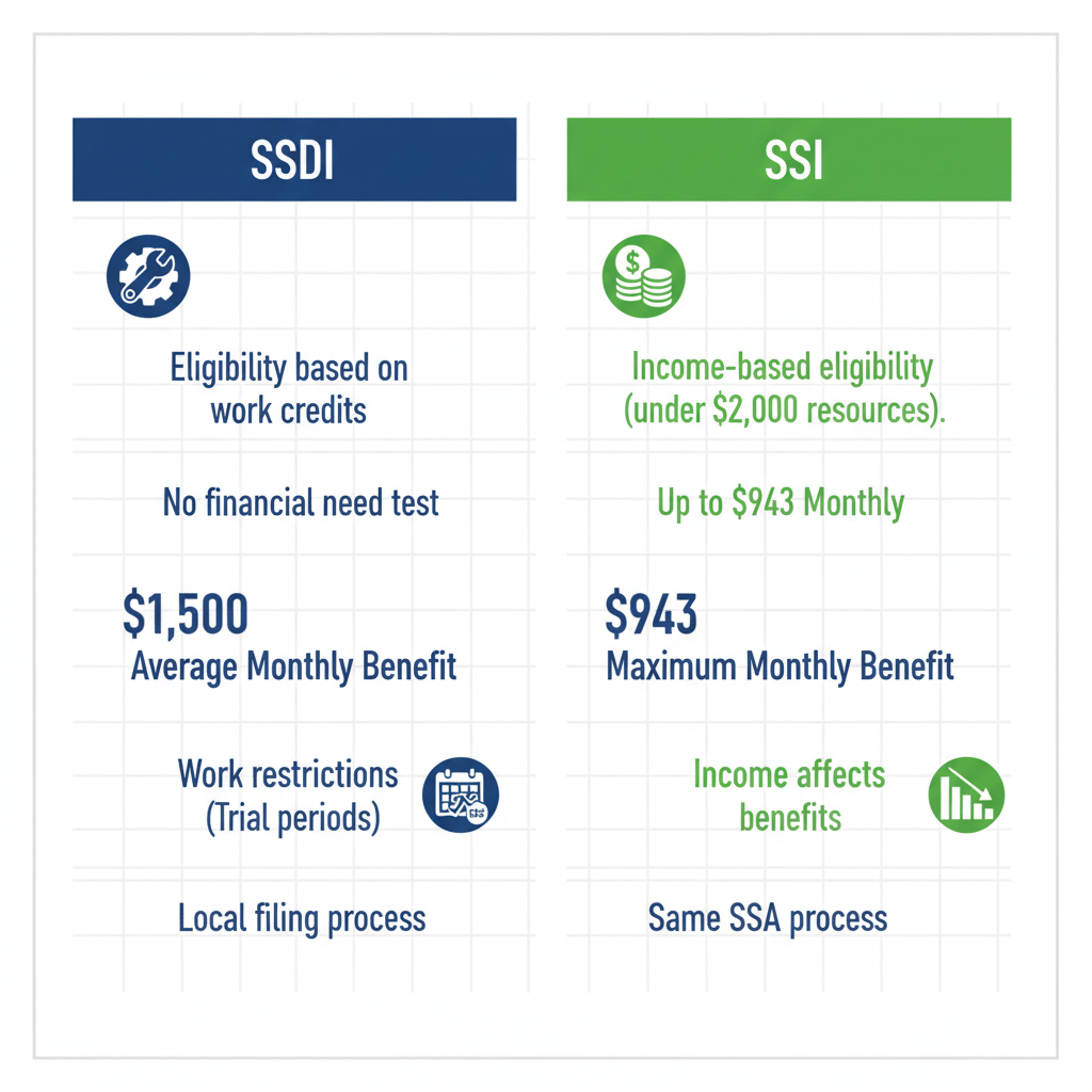 Side-by-side comparison chart illustrating key differences between SSDI and SSI benefits for residents of Pittsburg County, Oklahoma