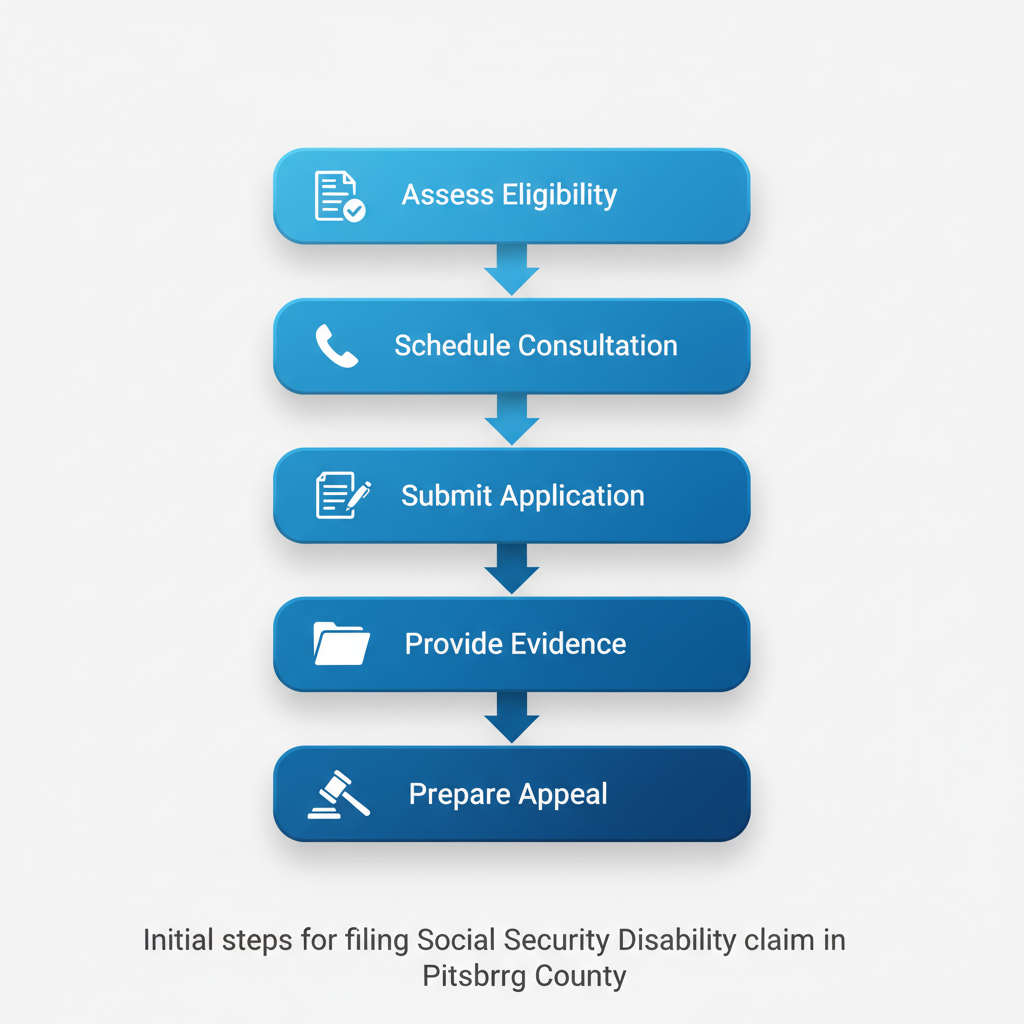 Vertical process flow diagram showing five steps for filing a Social Security Disability claim: assessing eligibility, scheduling consultation, submitting application, providing evidence, and preparing for appeal.