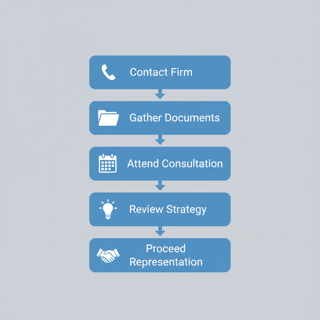 Vertical process flow diagram illustrating five steps to secure criminal defense in McAlester with icons for each stage