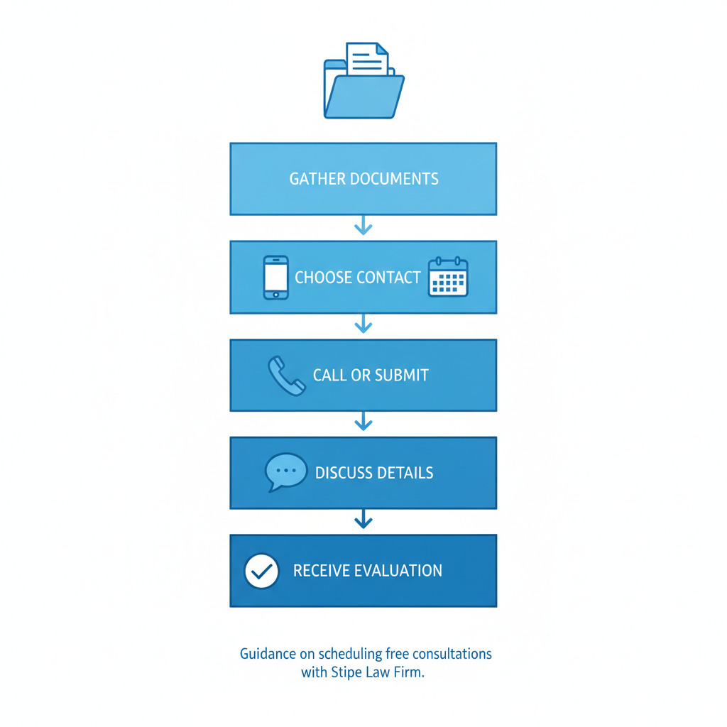 Vertical process flow diagram showing steps to schedule a free legal consultation