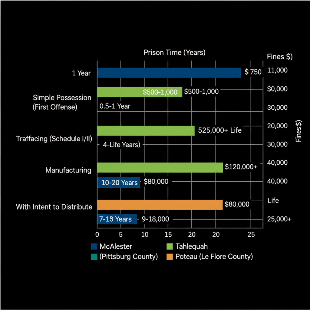Horizontal bar chart comparing drug offense penalties in McAlester, Tahlequah, and Poteau counties in Oklahoma