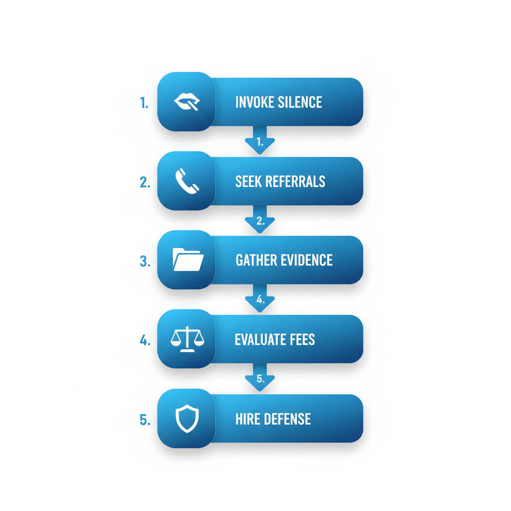 Vertical process flow illustrating five initial steps after a drug charge: invoke silence, seek referrals, gather evidence, evaluate fees, and hire defense.