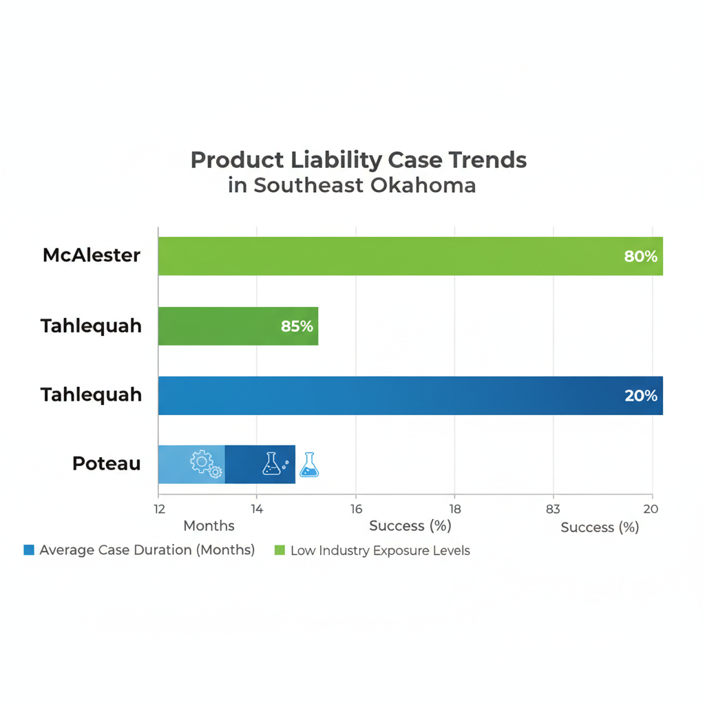Horizontal bar chart comparing products liability case trends, durations, and success rates in McAlester, Tahlequah, and Poteau