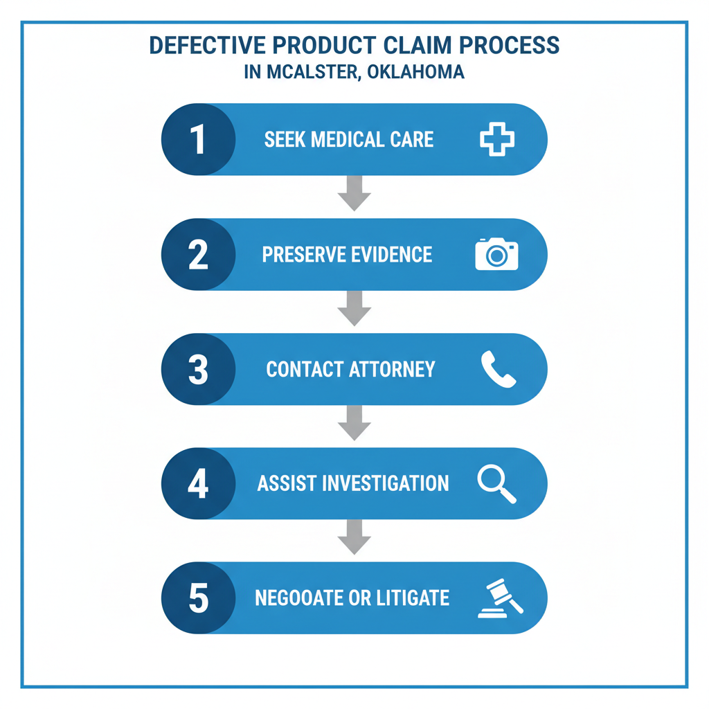 Vertical process flow illustrating five steps for a defective product claim in McAlester: seek medical care, preserve evidence, contact attorney, assist investigation, negotiate or litigate.