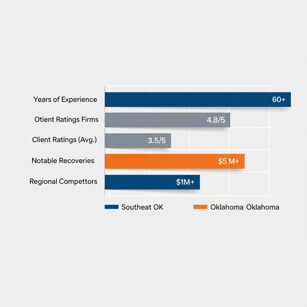 Horizontal bar chart comparing Stipe Law Firm against local and regional competitors in years of experience, client ratings, notable recoveries, and service areas in McAlester, Oklahoma