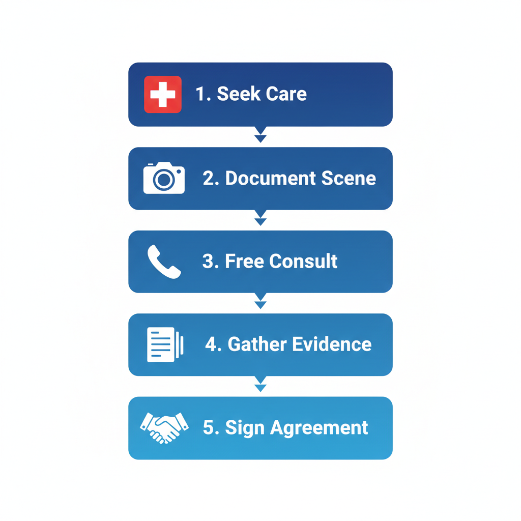 Vertical process flow illustrating the five key steps to hire a personal injury lawyer in McAlester, Oklahoma, featuring icons for medical care, documentation, consultation, evidence gathering, and agreement signing.