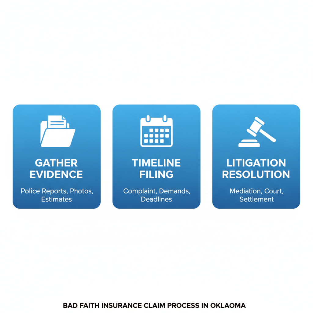 Horizontal process flow diagram illustrating three key stages of filing a bad faith insurance claim: gathering evidence, timeline and filing requirements, and litigation resolution pathways.