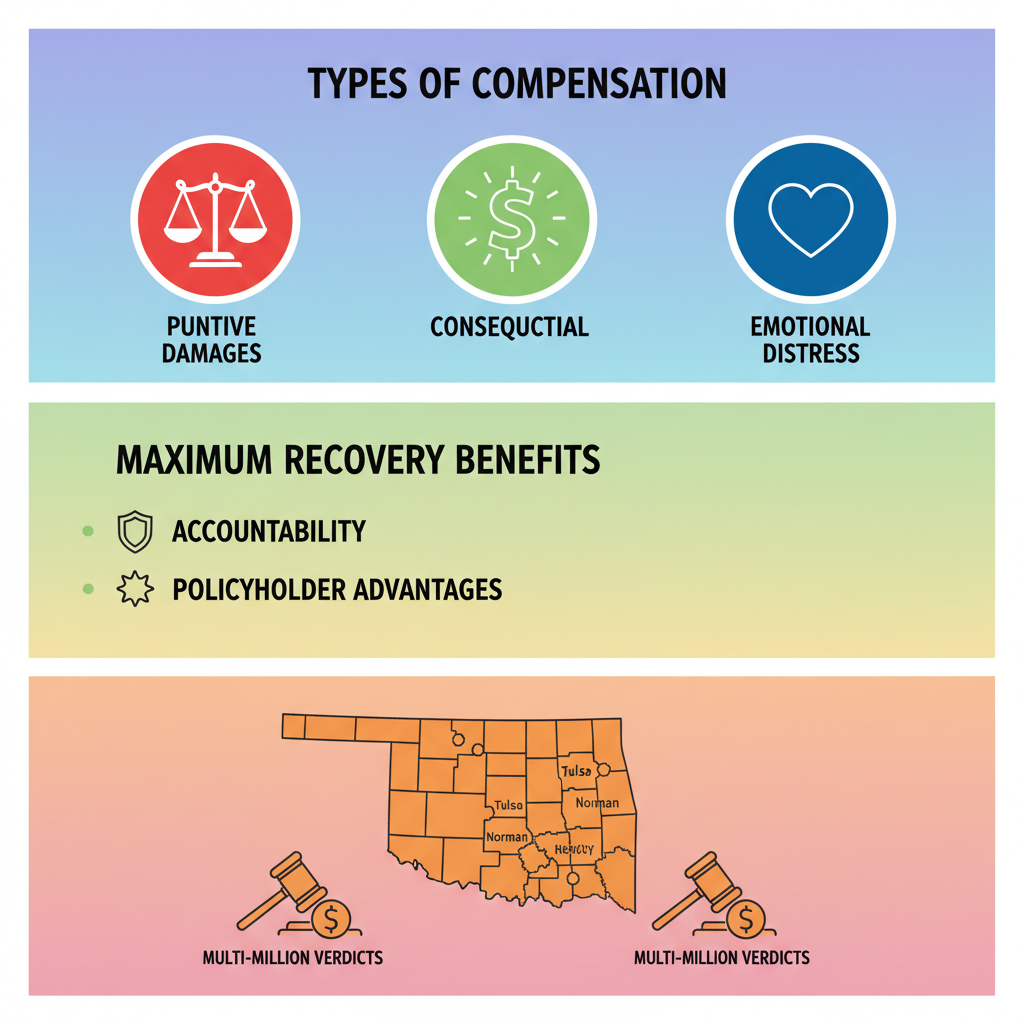 Infographic illustrating types of damages and benefits in Oklahoma insurance bad faith cases for car accidents.