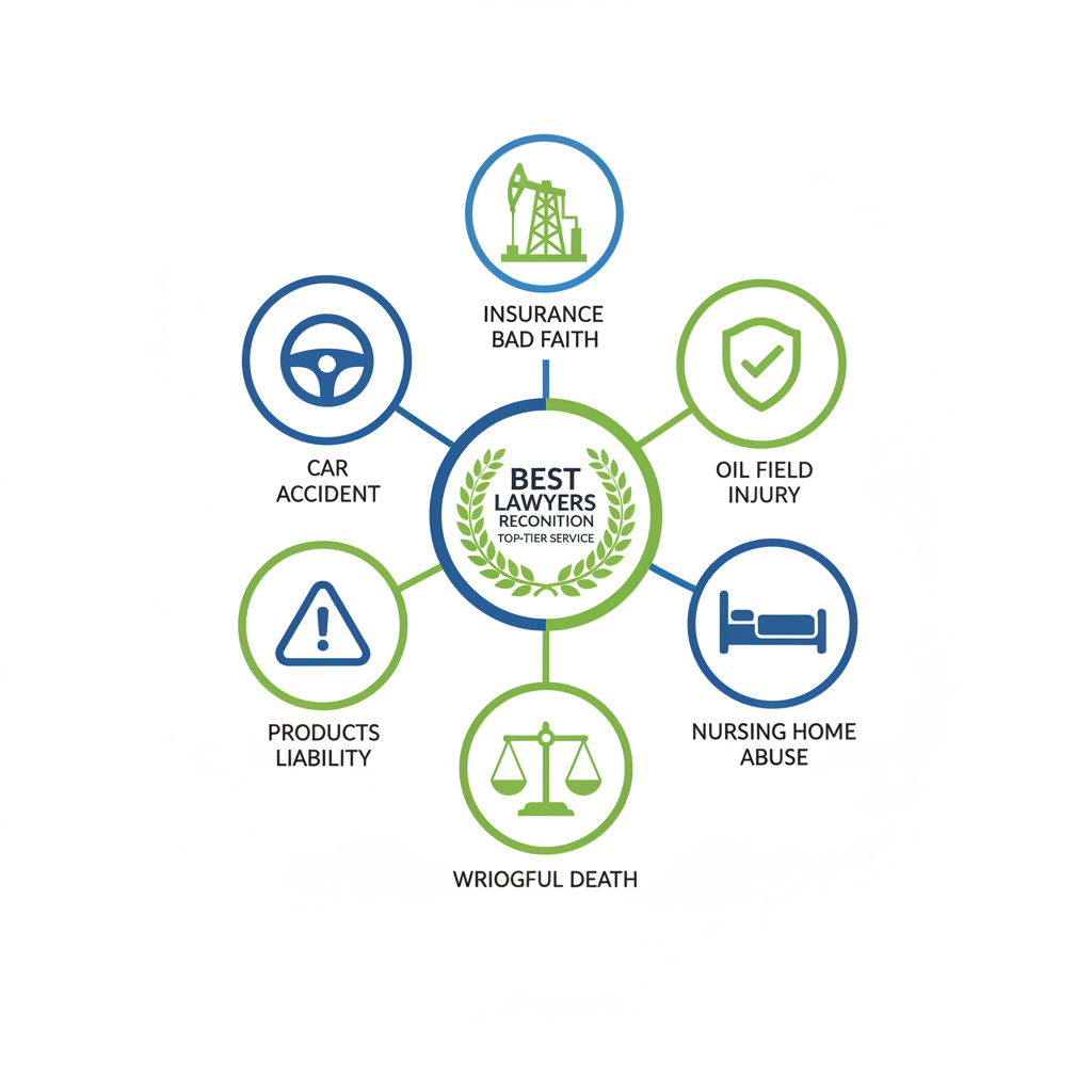 Infographic icons depicting personal injury services including car accidents, oil field injuries, nursing home abuse, wrongful death, products liability, and insurance bad faith
